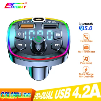 LED Háttérvilágítású, Autós Bluetooth 5.0 FM Transmitter PD 18W C-Típusú Kettős USB 4.2 Gyors Töltő Hangulat Fény MP3 Lejátszó Veszteségmentes Zene