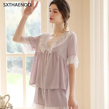 SXTHAENOO 2023 Új Nyári Női francia Lila Csipke Pizsama Szett Loungewear Hálóruházat a Nők számára 2 Db Rövid Ujjú Pizsamás
