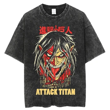 A Férfiak Túlméretes Mosott T-Shirt Hip-Hop Japán Anime Támadás Titan Grafikus Póló Nyári Rövid Ujjú Tshirt Harajuku Pamut Póló