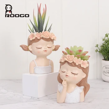 Roogo új design kis tündér lány, virág cserépben szukkulens növény, cserépben nagykereskedelmi kerti virágtartók