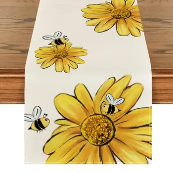 Gyakorlati Asztali Futó Kényelmes Touch Táblázat Szőnyeg Virág, Méhecske Nyomtatott Jelenet Elrendezés Finom Szerkezetű Zöld Terítő