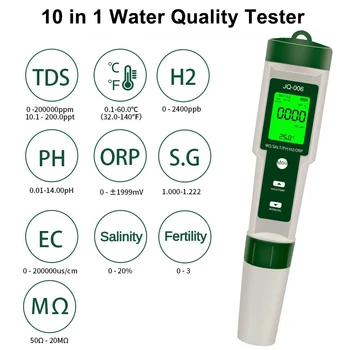10 az 1-ben vízminőség Monitor PH/EC/TDS/ORP/H2/Termékeny/Sótartalom/S. G/Ellenállás/Temp Többfunkciós Teszter Akváriumok Medencék
