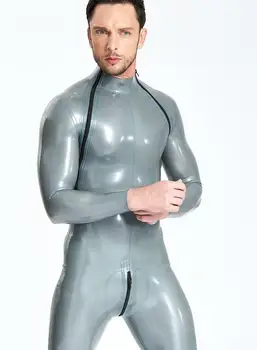 Természetes Latex Férfi Váll-Zip Catsuit Dupla-Átlós Cipzár Gumi Bodysuits