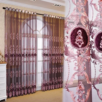 Luxus Európai Hímzés Puszta Függönyt a nappaliban, Lila Bársony Chenille Tolóajtó Üveg Ajtó, Ablak Függönyök