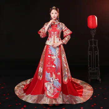 menyasszony, esküvői ruha, Hagyományos kínai stílusú jelmez Phoenix cheongsam Hímzett ruházat Luxus ősi Királyi Vörös Qipao ruha