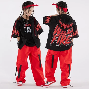 Új Hip-Hop Tánc, Jelmez Gyerekeknek Laza Kapucnis Fekete Kabát Piros Nadrág Lányok Modern Tánc Előadás Ruhái Fiú Utcai Viselet BL10623
