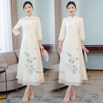 2023 aodai hagyományos vietnami cheongsam ruha retro virág hímzéssel, chiffon qipao nemzeti ao dai ruha estélyi ruha vestido