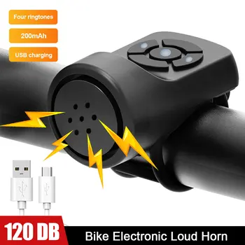 Kerékpár Horn USB Rechargebale 4 Féle Csengőhangok, Elektromos Csengő, 120 db lopásgátló Riasztó Figyelmeztető Hangot, Robogó Kerékpár