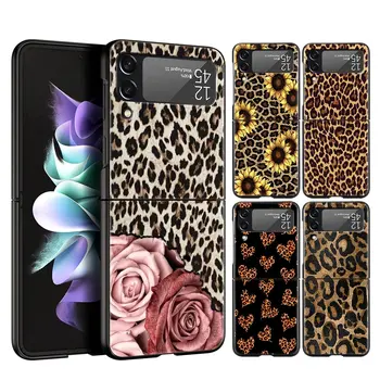 Samsung Galaxy Z Flip 3 4 5G Kemény, Fekete Összecsukható PC Telefon Esetében Divat Tigris, Leopárd mintás virág Samsung Z Flip3 Borító
