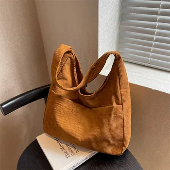 Női Kordbársony Válltáska Szilárd Női Vászon Tote Bags Nagy Kapacitású Multi-Pocket Tervező Kézitáska 2023 Trend Shopper Táska