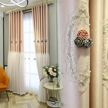 Luxus Hímzett Mintás, Fehér Csipke Szép Virágok Rózsaszín Függönyök Nappali Étkező Hálószoba Ablak Drapériát Hálószoba