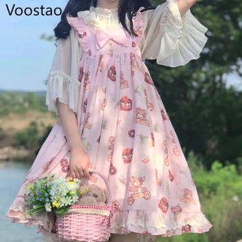 Japán Édes Jsk Lolita Ruha, Női Klasszikus Viktoriánus Gótikus Rajzfilm Medve Nyomtatás Ujjatlan Ruha, Aranyos Lányos Íj Party Ruha