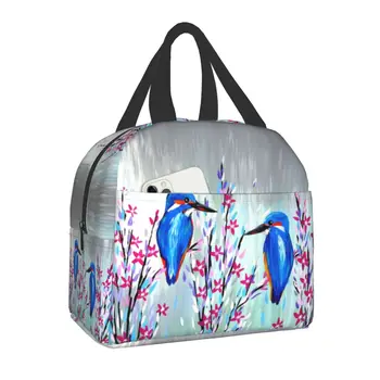 Aranyos Kingfisher Madár Szigetelt Ebéd Bag Női Vízálló Sakura Virág Termikus Hűvösebb Ebédet Munka Piknik Utazás